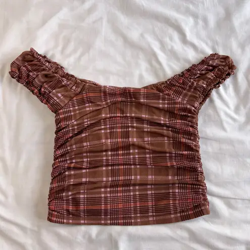 Marvel Just Polly Small Off-Shoulder Brown Plaid Bustier Crop Top Lined