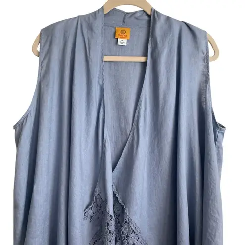 Ruby Rd Woman Vest Top 2X Blue Linen Crochet Trim Open Front Beachy Boho Cowgirl