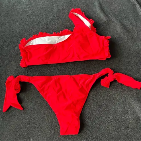 Boutique Red one shoulder ruffle bikini set