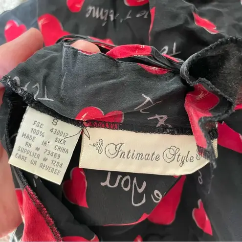 Vintage 100% Silk Romantic Heart “I Love You” Print Satin Slip Medium Black