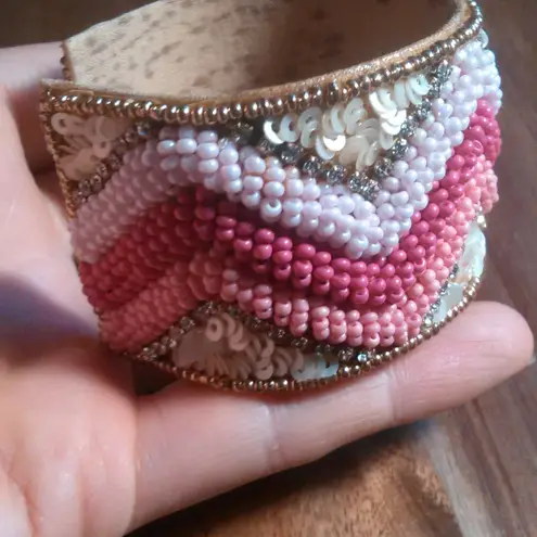 Handcrafted Pink Seed Bead, White Crystal, and Sequin Cuff Bracelet