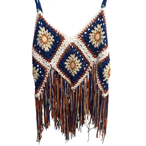 NWT Rebellion Again Granny Square Crochet Fringe Tank Top S Boho Festival Hippie Multiple