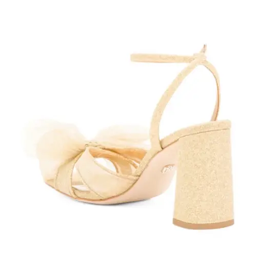 Badgley Mischka Tess Tulle Bow Sandals Heels 6.5 Gold Glitter Party Coquette New