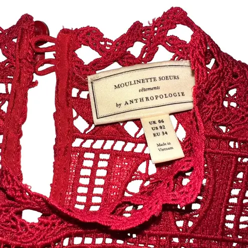 Moulinette Soeurs Anthropologie Tamera Red Lace 3/4 Sleeve Peplum Top US 2