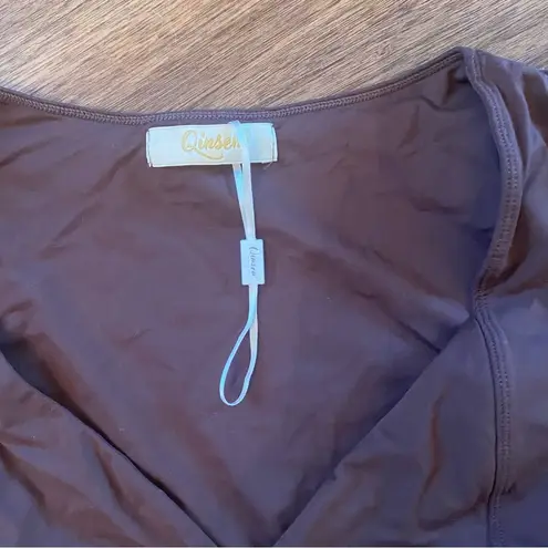 Qinsen Brown Fitted Crop Blouse Longsleeve size large