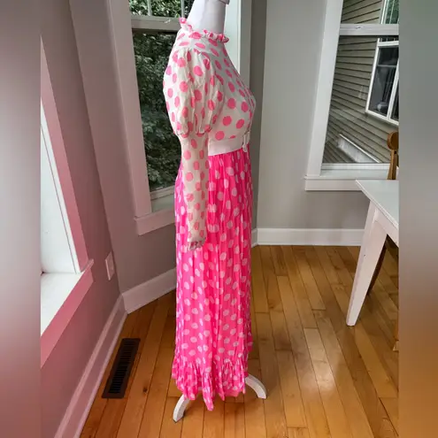 Vintage 60s Pink White Polka Dot High Neck Chiffon Prom Formal Dress XS or Small