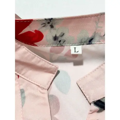 Women's Polyester Floral Print Split Neck Short Sleeve Top Pink Size Large