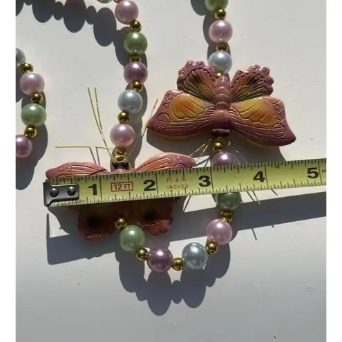 Vintage Butterfly Color Pearls Beaded Ceramic Quality Necklace 80s Sz 19” Pink