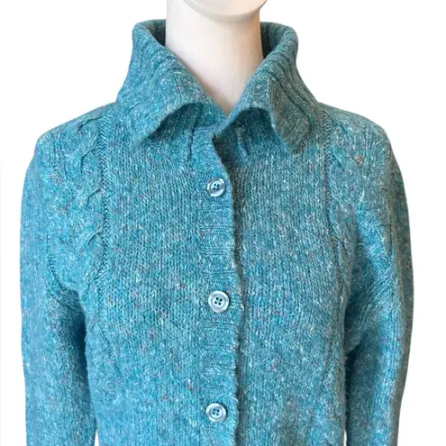LL Bean Vintage Wool Blend Confetti Cable Knit Cardigan Sweater Womens Medium Blue