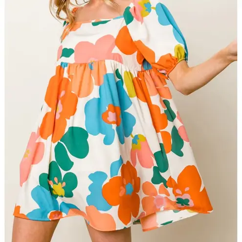 Boutique BiBi Floral Puff Sleeve Square Neck Babydoll Mini Dress XL Retro Style 70s New