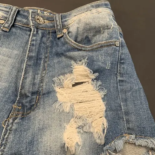 Machine Women's Distressed Raw Cut Frayed Hem Jean Shorts Blue Size Small