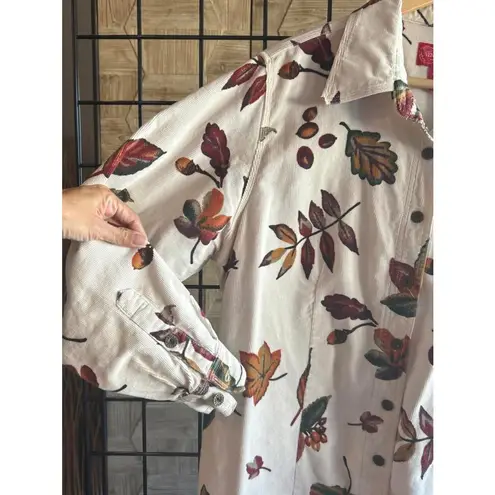 Venezia Womens Top Sz 14/16 Beige Autumn Leaves LS Button Up Corduroy Cottage Brown