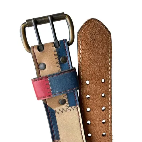 Vintage Multicolored Patchwork Tan Red & Blue Color Block Leather Belt Size 32