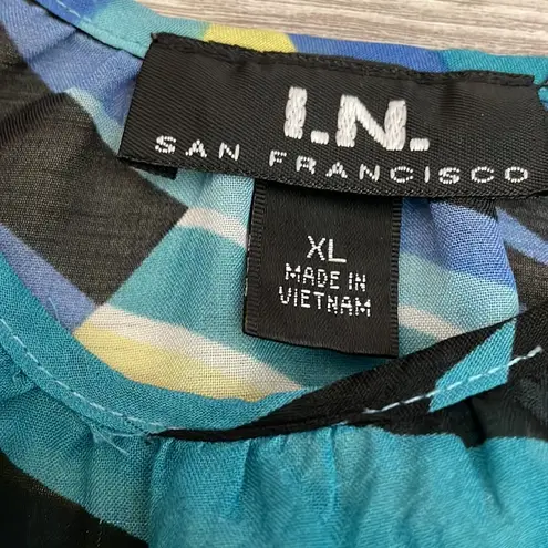 I.N. San Francisco Blue Black Yellow White Striped Sheer Short Sleeve Blouse XL