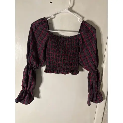 ZARA  Plaid Square Neck Crop Top Puff Sleeve XS Peasant Indie Cowgirl Western