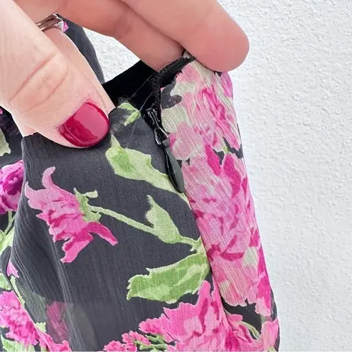 Max Mara Vintage 90s Silk Tulip Pink and Black Floral Flowy Midi Skirt Size 8