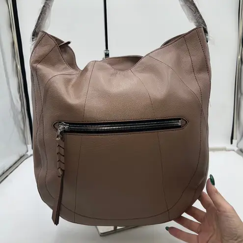 OR YANY Taupe Leather Hobo Shoulder Bag Braided Detail Top Zip Exterior Pocket Brown