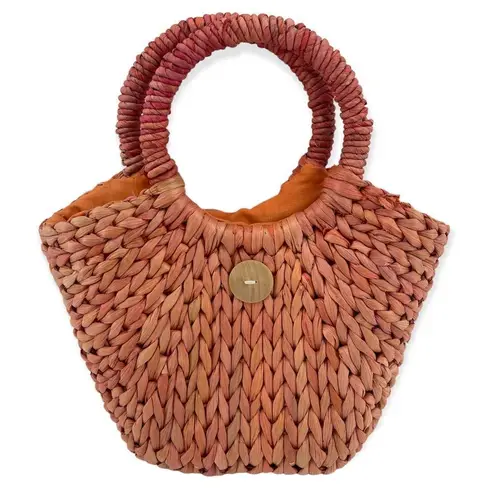 Handmade Handwoven Straw Raffia Rattan Orange Button Accent Circle Top Handle Tote Bag
