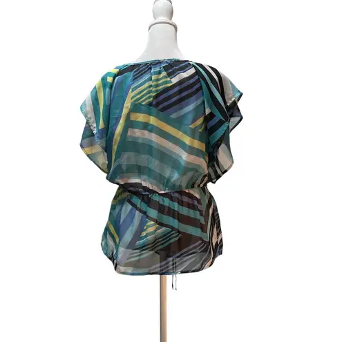 I.N. San Francisco Blue Black Yellow White Striped Sheer Short Sleeve Blouse XL