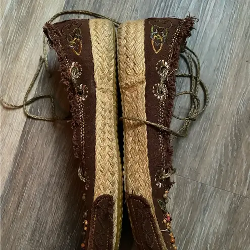 Embroidered Fairy Beaded Lace Up Brown Ballet Flats Boho Whimsical Earthy Y2K Brown Size undefined