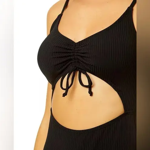 Salt + Cove Front Cut Out Bow Cinch Tie Ribbed One Piece Swimsuit Black XS