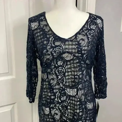 MARINA Navy Blue Open Back Lace Sequined Dress Womens Size 12 NWT