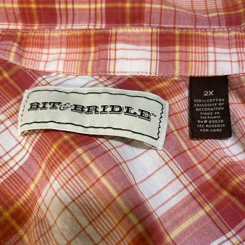 Bit & Bridle Orange Plaid Button Down Shirt with Embroidered Accents