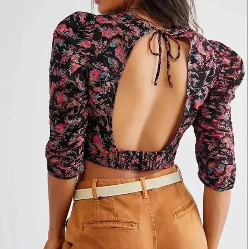 Free People  Monica Top, Floral Open Back Puff Sleeve Cinched Waist Blouse Med