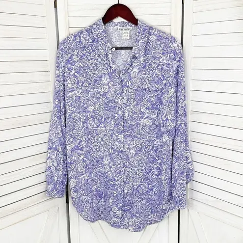 Premiere Vintage Floral Oversized Shirt Button Up Purple White Size 8 Boyfriend