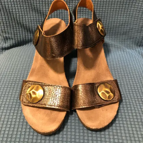 Taos Carousel Sandals Women's 10 Metallic Leather Snake Print Wedge Heels Gold
