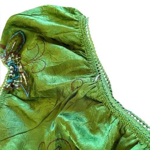 Y2K Crinkle Satin Blouse Babydoll Top Green Floral Lace Trim Womens Size XL