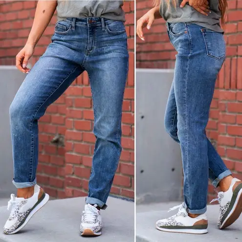 Judy Blue Boyfriend Jeans Dark Indigo Bleach Splatter Women’s Size 32 | 14/15