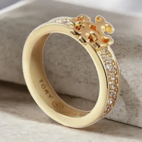 Tory Burch New Authentic  Gold Kira Pave Crystal Logo Ring Size 7 with Tag