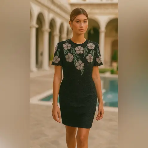 Scala Vintage 100% Silk Fully Beaded Floral Midi Dress Formal Cocktail Large - Image 12