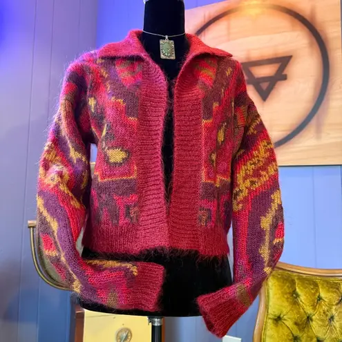 Vintage 80s/90s Linda Allard For Ellen Tracy Cropped Abstract Paisley Cardigan Red Size M