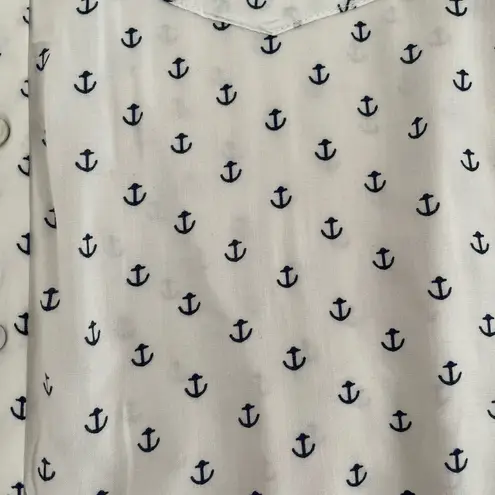 Just living white anchor print button up roll tab sleeve shirt, size L marine