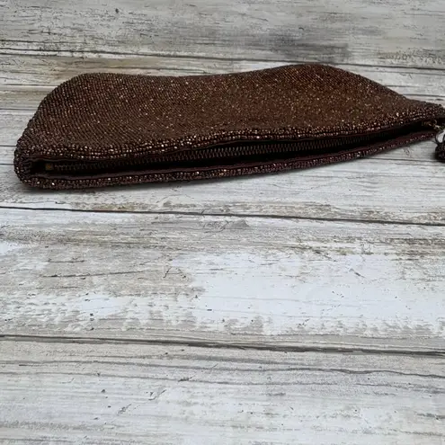 VTG Bag By Josef Beaded Clutch Purse Bronze Metallic Zip Top Evening Glam Disco Brown