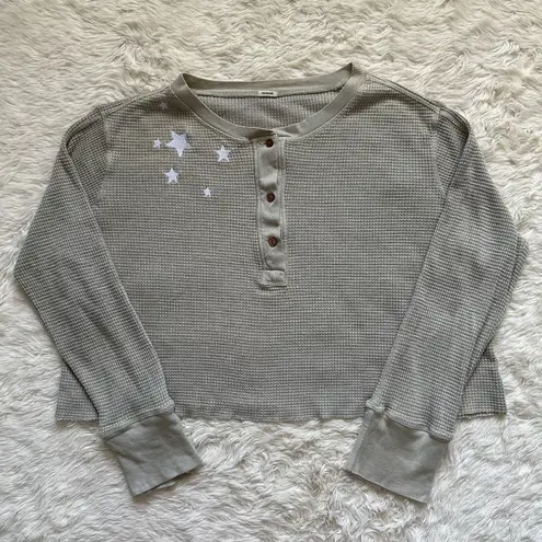 Monrow Top Oversized Crop Henley Thermal Shirt Star Embroidered Long Sleeve S