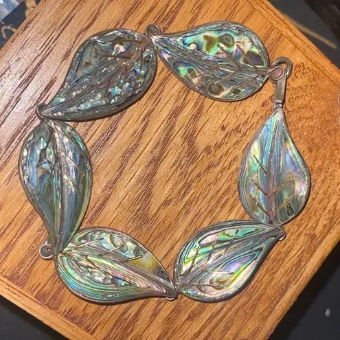 Vintage 1980s TAXCO Abalone Paua Shell and Sterling Silver Leaf Link 7″ Bracelet