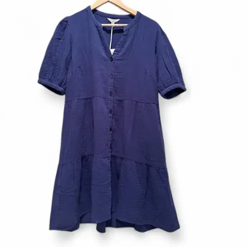 Garnet Hill NWT Royal Blue Organic Cotton Tiered Mini Dress Size Medium Button