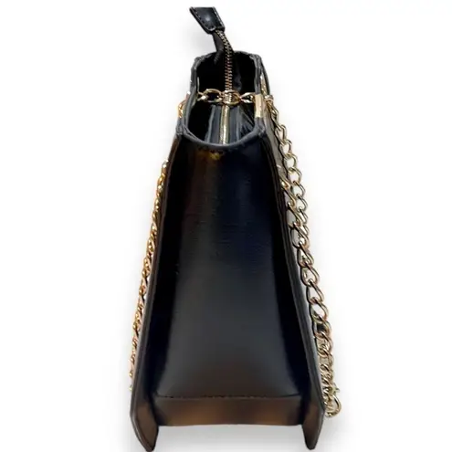 Melie Bianco Geometric Vegan Leather Black Shoulder Bag Purse with Gold Chains