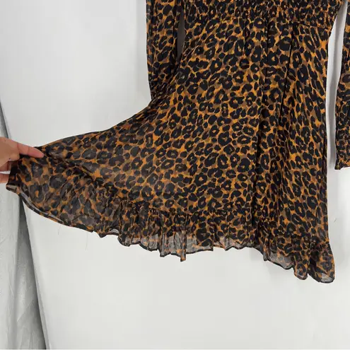 Whistles Classic Leopard Shirred Dress Long Sleeve Mini Mock Fit & Flare Size 6 Brown Size M