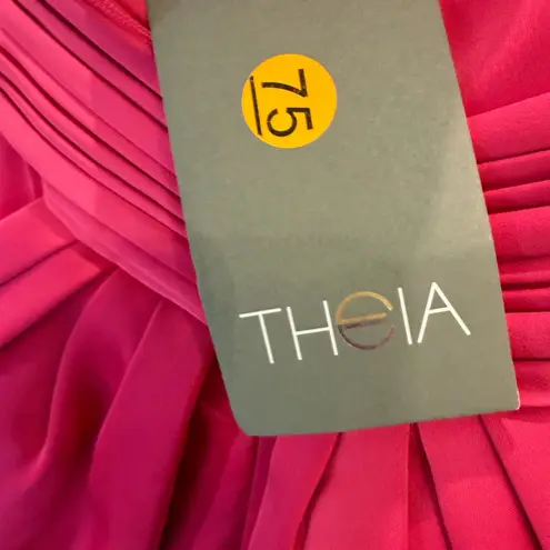 Theia Fuschia Satin Pleated Neck Bow Back Midi Cocktail Dress Pink Size 4