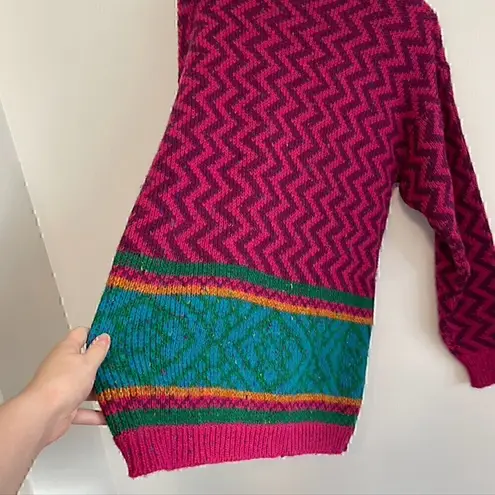 VINTAGE LIZ SPORT Magenta Pink Purple Chevron Stripe Tunic WOOL Blend Sweater M Size M