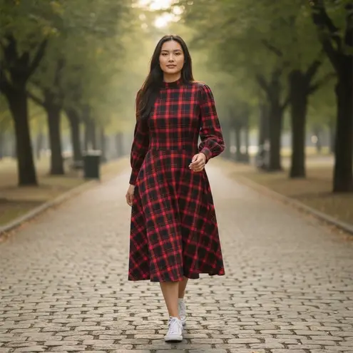 Eloquii Dress Midi Black Red Plaid SZ 16 Long Sleeve Mock Neck Zipper Back