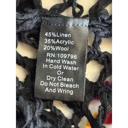 Black Crochet Top Sleeveless Size Medium Open Knit Fringe Linen Cover