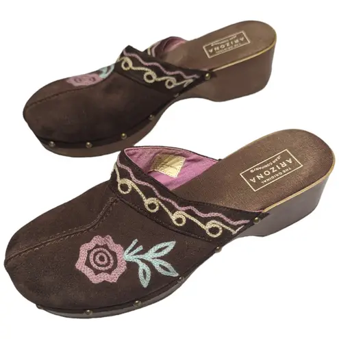 Vtg Y2K Arizona Brown Suede Pink Floral Embroidered Wooden Heel Studded Clogs 5 Size undefined