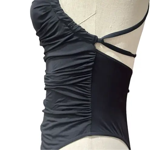 None Solid Black Ruched Square Neck Cheeky One-Piece Swimsuit Size Medium