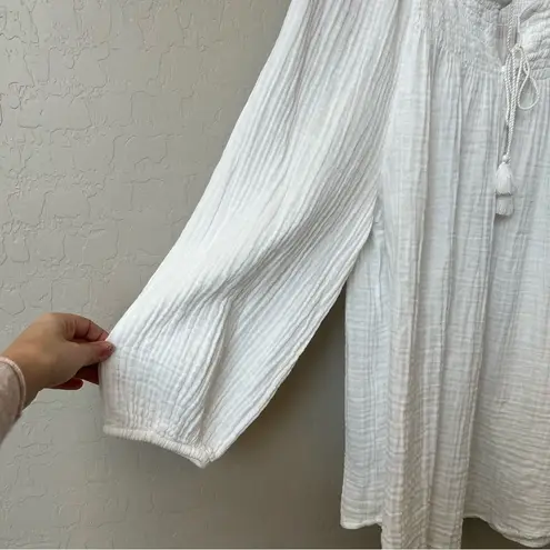 BeachLunchLounge  100% cotton white gauzy summer beach tunic top, long sleeve,M/L