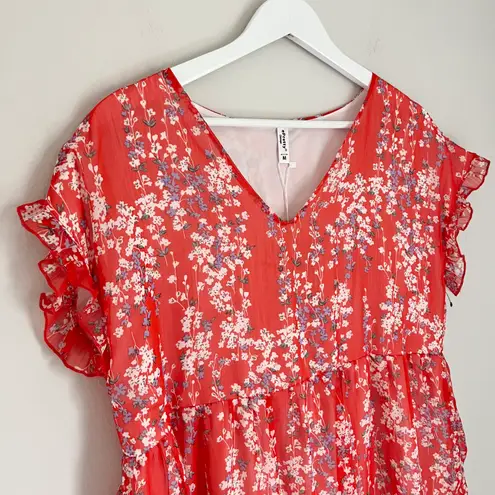 ePretty NWT Floral Tiered V Neck Ruffle Sleeve Mini Dress Red White Size Medium